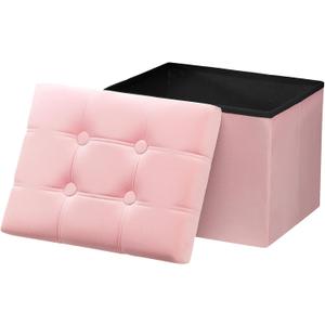 AmasSmile Storage Ottoman Foot Rest Stool, 17 inches Velvet Footstool Bench, Short Ottoman Stool, Small Folding Blanket Ottomans Store Books, Records, Pink, 17"D x 13"W x 13"H