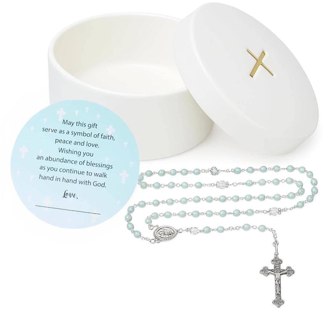 Baptism Gifts for Boys Blue Rosary with Ceramic Keepsake Box and Card, Catholic Communion Gift, Christening and Baby Shower Rosary Beads, Sweet Treasures Gifts, Blue