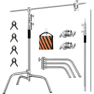 Heavy Duty C Stand 6.9ft/210cm with Holding Arm Sandbag Grip Head Stainless Steel Photography Light Stand C-Stand Sturdy for Photography Studio Video Monolight Softbox Shooting (Silver)