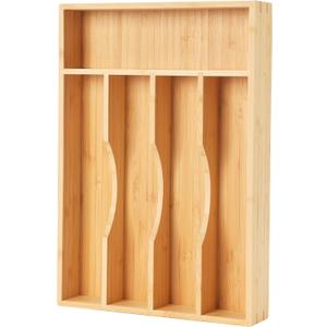 Bamboo Kitchen Drawer Organizer, 9 Inch Silverware Utensil Holder for Samll Drawer, Narrow Silverware Organizer for Cutlery Knives (9 x 13 inch (5 Slots))