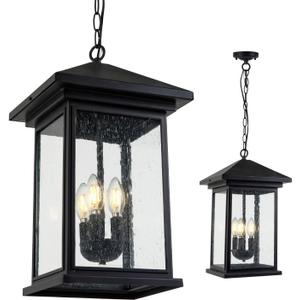 Classic Outdoor Hanging Lantern  Weather-Resistant, Stylish, Matte Black Finish, Clear Seeded Glass and Functional, Extra Large Size