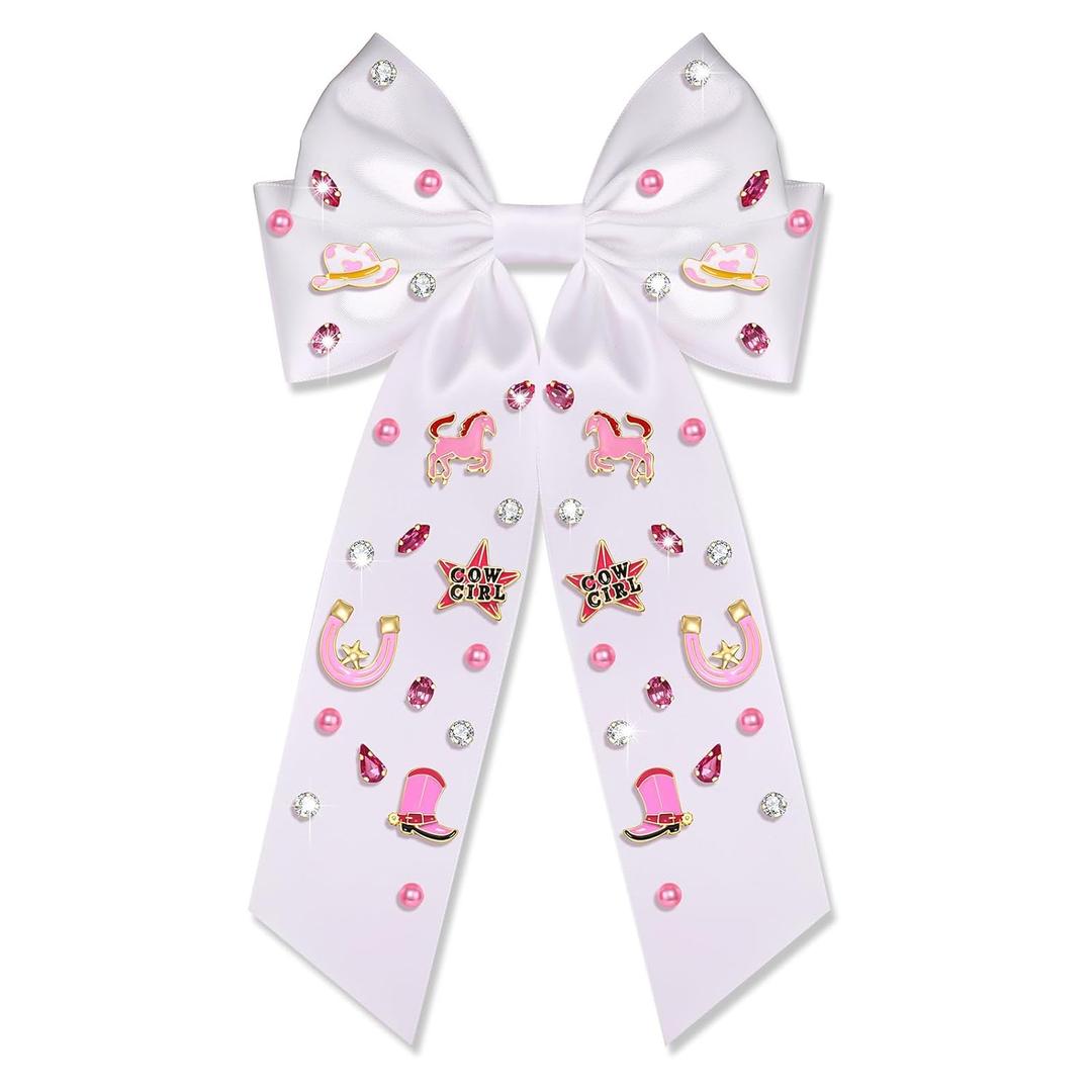Western Hair Bows for Women Howdy Cowgirl Hair Bow Clips Cowboy Hat Boot Hair Ribbons Jeweled Big Pink Hair Bows Western Hair Accessories Bachelorette Rodeo Nashville Cowgirl Outfits Gifts (Pattern C)