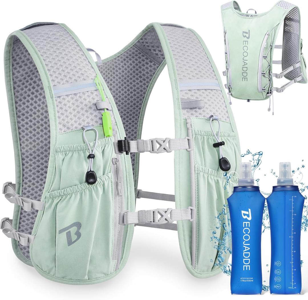 BECOJADDE Running Vest Hydration Backpack with Two 500ML Soft Water Bottles for Men Women, 5L Lightweight Running Pack Hydration for Marathon, Trail, Cycling, Hiking, Jogging Green