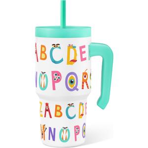 Alphabet Tumbler 20oz with Handle and Silicone Straw Lid for Kid, Insulated Stainless Steel Cup with Monster Design, Gift for Kids Girls Boys, Gifts Idea for Birthday Christmas Back to School