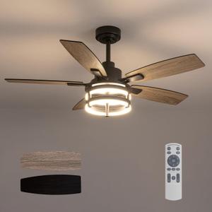 46 Inch Ceiling Fans with Lights and Remote Control, Farmhouse Ceiling Fan with LED Lighting for Bedroom Living Room and Patio, Black Caged Ceiling Fan for Indoor and Outdoor
