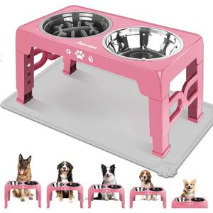 Elevated Dog Bowls, Dog Feeder with Stainless Steel Dishes & Slow Feeder Bowl, 5 Heights Adjustable Raised Stand for Medium Large, Food Dishes with Non-Slip Feet (Pink)