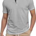 Mens Henley Shirts Short Sleeve Cotton Basic T-Shirts Classic Fashion Casual Shirt (Blue, L)