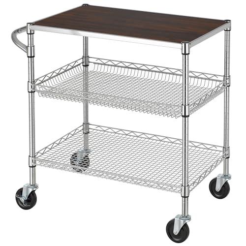 3 Tier Heavy Duty Commercial Grade Utility Cart with Wood Top, Wire Rolling Cart with Wheels and Handle Bar, Kitchen Carts on Wheels, Metal Cart with 600 LBS Capacity, Chrome