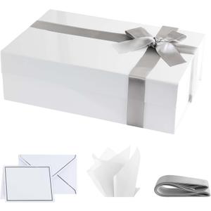 Purple Q Crafts Premium White Glossy Gift Box with Magnetic Closure 1 PACK - 10 x 7 x 3 Inches - Includes Ribbon and Gift Card - Elegant Presentation Box for All Occasions