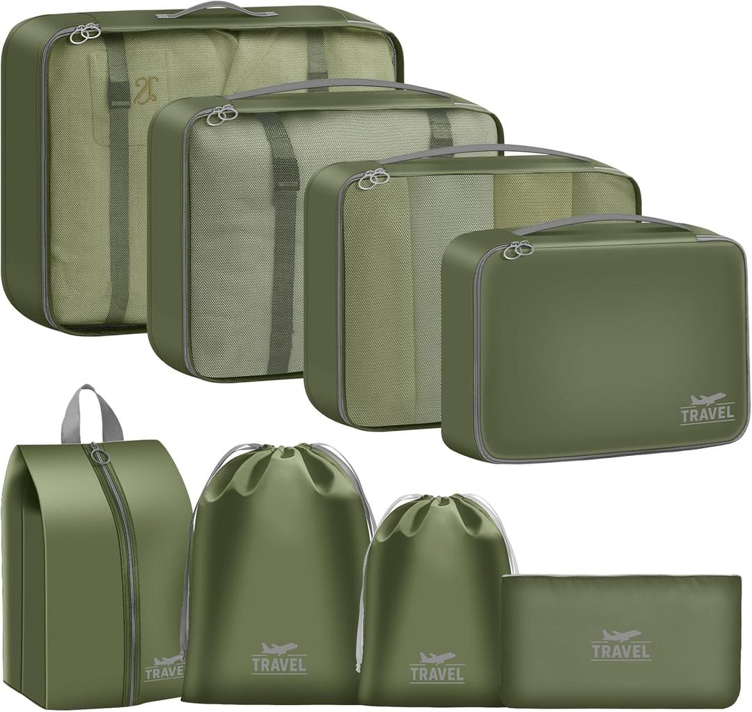 Packing Cubes for Travel - 8 Set Luggage Organizer Bags for Family, Mesh Breathable Packing Cubes for Suitcases Durable Travel Essentials Bags Set (Green)