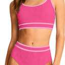 Girls Swimsuit Two Piece High Waisted Athletic Swim Suits Fashion Piping Girls Bikini Bathing Suit Set 9-16 Years (Pink, S)