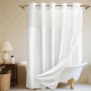 No Hook White Shower Curtain, Polyester Textured Shower Curtain with Snap in Liner Set, Waterproof & Washable Bath Curtains for Bathroom, 71Wx74H
