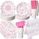 Funnymoom 452 Pcs Pink Snowflake Party Supplies Serves 50, Pink Snowflake Paper Plates Napkins Cups Tablecloth Cutlery Straws for Christmas Winter, Baby Shower Wonderland Birthday Party Decorations