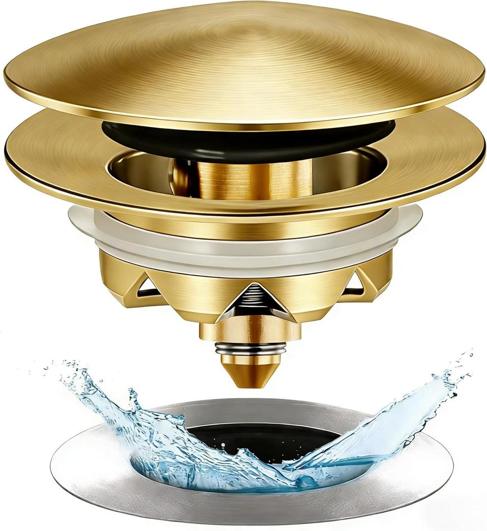 Bathtub Drain Stopper, Pop Up Tub Stopper and Cover, Bottom with Hair Catcher, Universal for 1.45 in to 1.8 in Drain, Replaces Old Drain Plug, Brushed Gold