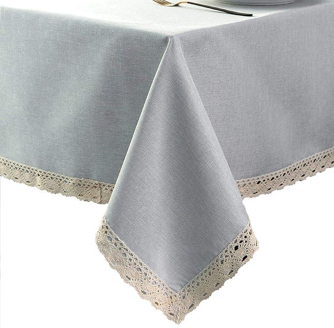 EHouseHome Faux Linen Tablecloth with Lace Trim  Waterproof/Spill Proof/Stain Resistant/Wrinkle Free/Oil Proof  for Banquet, Parties, Dinner,Wedding,Holiday,Silver Grey Round 70Inch