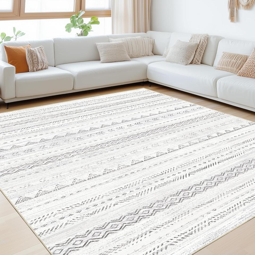 Andency 8x10 Brown Area Rug Living Room Rugs, Large Soft Machine Washable Boho Moroccan Farmhouse Neutral Stain Resistant Indoor Floor Rug Carpet for Bedroom Dining Table Home Office House Decor,  03 - Cream/Brown