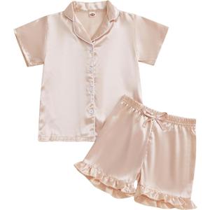fyclemt Toddler Baby Girl Boy Silk Pajamas Set Solid Color Short Sleeve Button Shirts Top Shorts Satin Sleepwear Lounge Sets (2-3T)