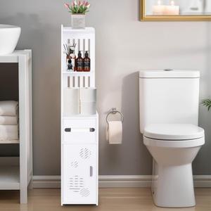 ShellKingdom Toilet Paper Holder Stand, Tall & Slim Bathroom Storage Cabinet, Freestanding Corner Shelf, Bathroom Cabinet for Small Space, Corner Shelf, 39.37 x 7.87 x 7.08 inch (White)