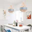 Blue Linen Lamp Shade Creative Chandeliers Farmhouse Bamboo Cage Wicker Pendant Light Fixtures E26 Adjustable Ceiling Mount Hanging Lamp for Living Room, Dining Room, Bedroom, Entryway Decor 11.81"W x 47"H