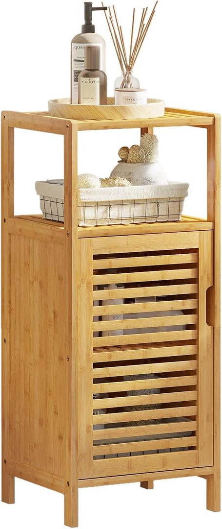VIAGDO Bamboo Cabinet, Bathroom Storage Cabinet with Single Door and Shelf, Freestanding Bathroom Cabinet, Kitchen Cupboard, Sofa Side Table for Living Room/Hallway/Kitchen, Small