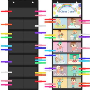 2 Set Pocket Chart for Classroom, 2 Class Jobs Pocket Chart with 24 Wooden Clips Classroom Management Tools Behavior Clip Tool for Class Management Educational Behavior(Black)