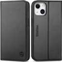 SHIELDON Case for iPhone 13, Genuine Leather Wallet Case with Kickstand RFID Blocking Credit Card Holder Shockproof Full Protection Magnetic Cover Compatible with iPhone 13 5G 6.1" - Black