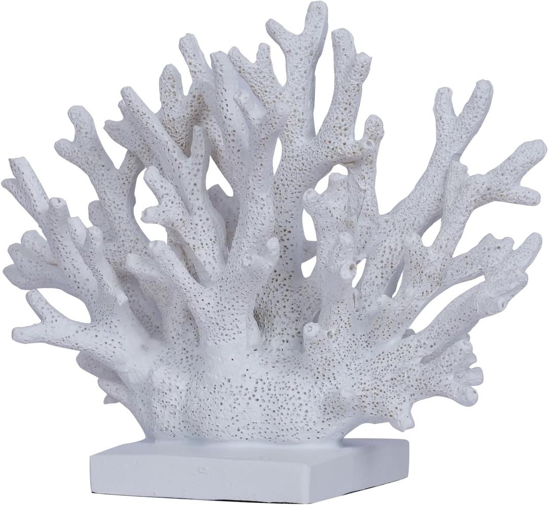 White Coral Reef Decor 7.4" Fake Coastal Statue - Ocean Nautical Themed Home Table Decoration - Beach Resin Artificial Sea Faux Coral for Bathroom