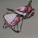 MakeMeChic Women's Halter Triangle Thong Bikini Sets High Cut Swimsuit Bathing Suit Swimwear (S, Brown Leopard Flower)