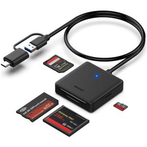 Memory Card Reader, BENFEI 4in1 USB 3.0 and USB-C to SD Micro SD MS CF Card Reader Adapter, 4 Cards Simultaneously Read and Write, Compatible with iPhone 15 Series, MacBook Pro/Air 2023, and More