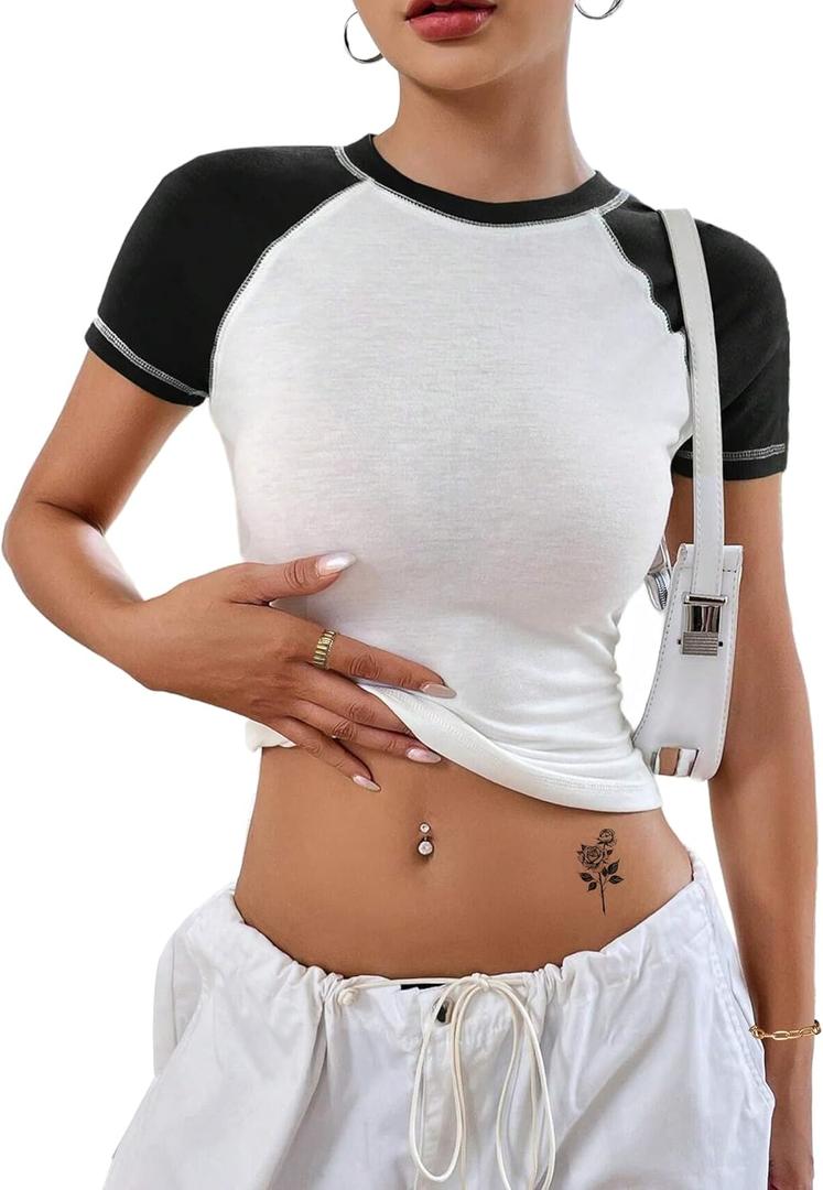 LilyCoco Women's Raglan Sleeve Tops Baby Crop Tees Color Block Crew Neck T Shirt, Size S, White