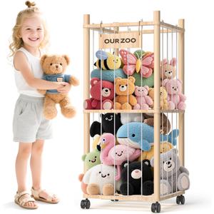 Stuffed Animal Storage: Wood Plush Toy Organizer, Stuffed Animal Zoo with Mesh Net, Stuffed Animal Holder with Brake Wheels, Space Save Stuffed Animal Cage for Kids Room Playroom Nursery Bedroom