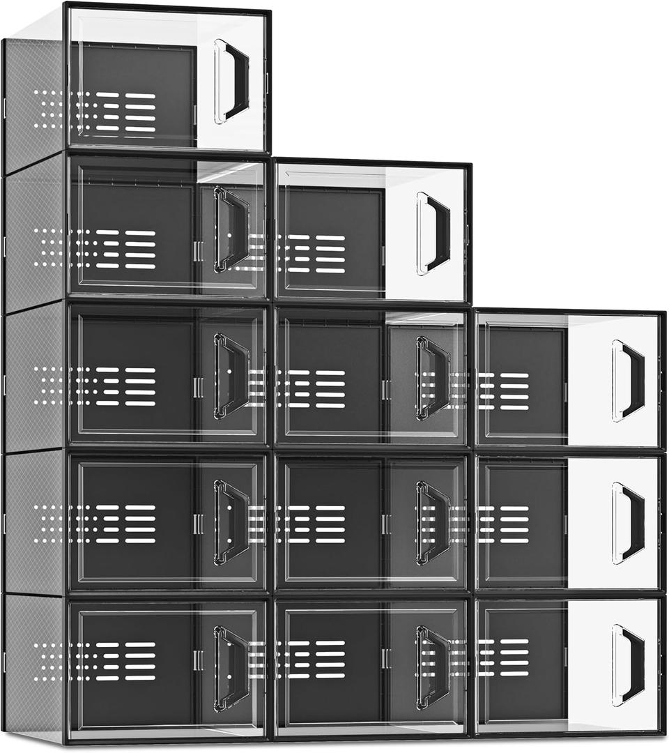 SEE SPRING XX-Large Shoe Storage Box Fit Size 13, Clear Plastic Stackable Shoe Organizer for Closet, Space Saving Sneaker Shoe Rack Containers Bins Holders for Entryway, Under Bed, 12 Pack Black (XX-Large Fit Size 13)