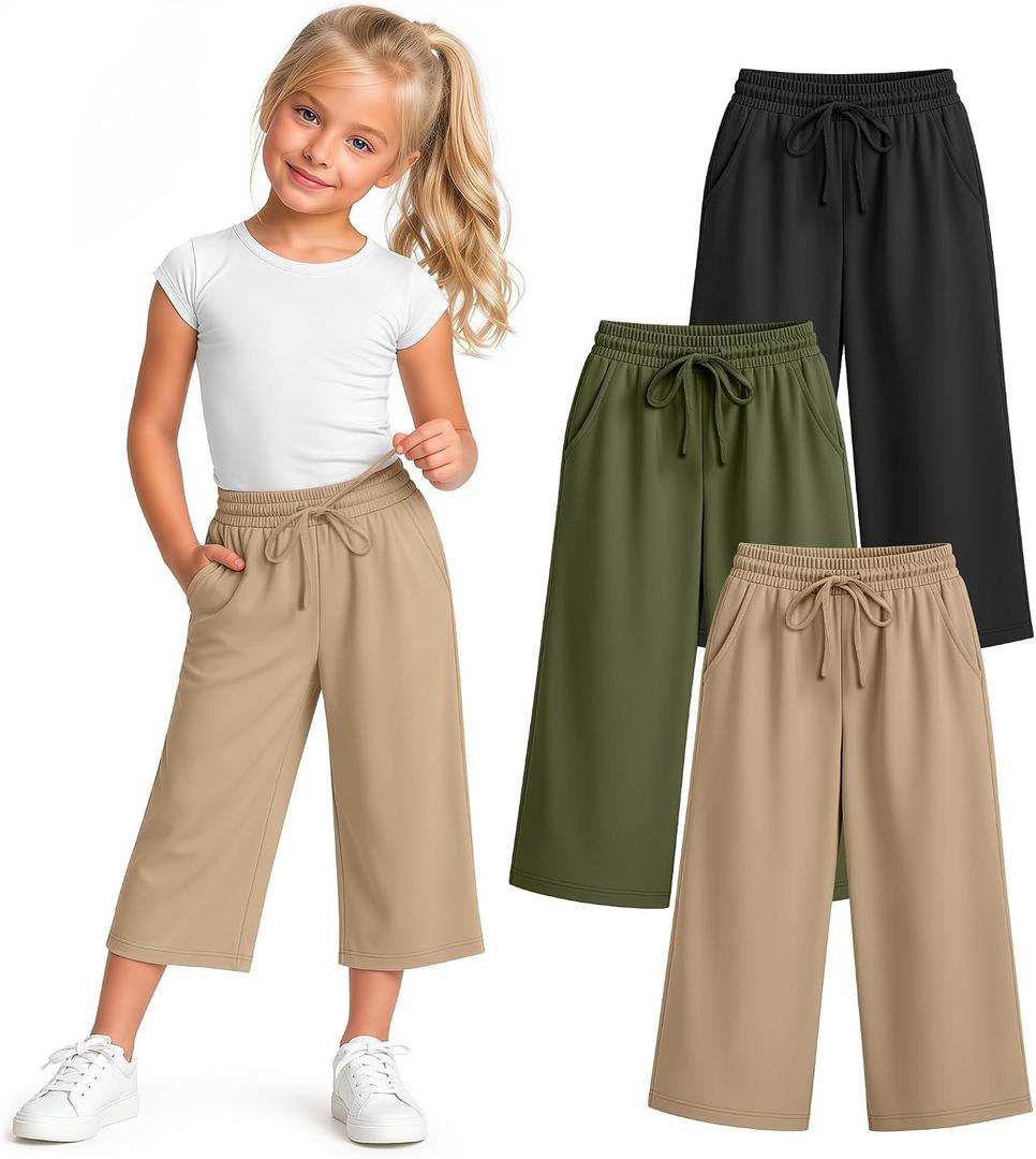 3 Pack Girls' Capri Pants 5-14 Years | Drawstring Capris, Cropped Pants, Kids Sweatpants, Workout, Summer, Loose, Back to School, with Pockets