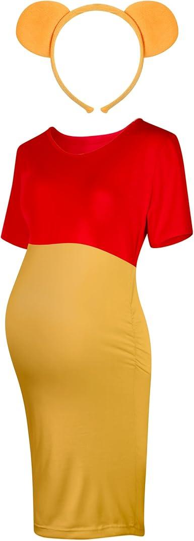 Geyoga 2 Pcs Halloween Bear Costume Kit Red and Yellow Maternity Dress Ear Costume Headband Ear Hair Hoop for Cosplay XXL