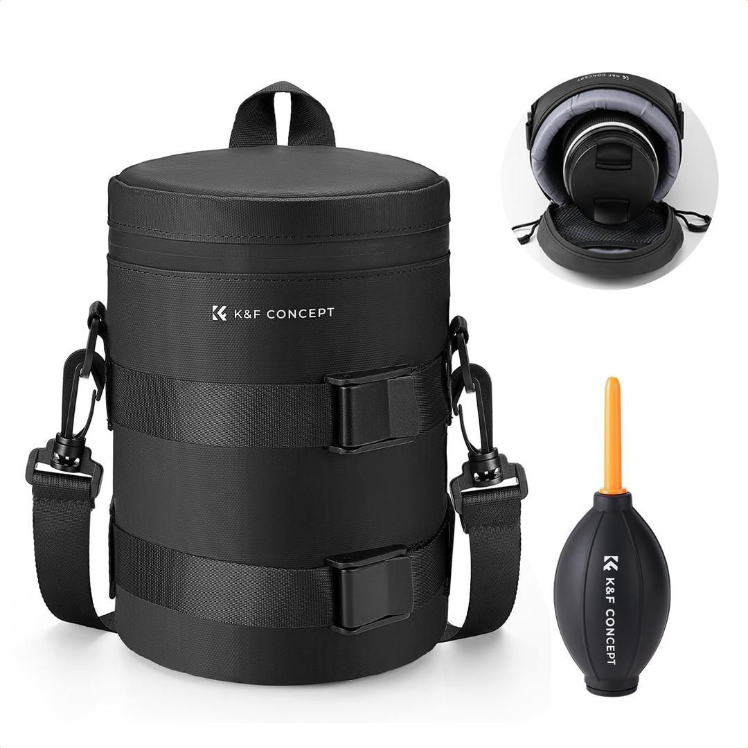 K&F CONCEPT Camera Lens Pouch Case, Waterproof Zipper Lens Protective Bag, Shockproof All-round Camera Lens Carry Bag for DSLR SLR Lens Size Below 3.7" x7" (D x H)