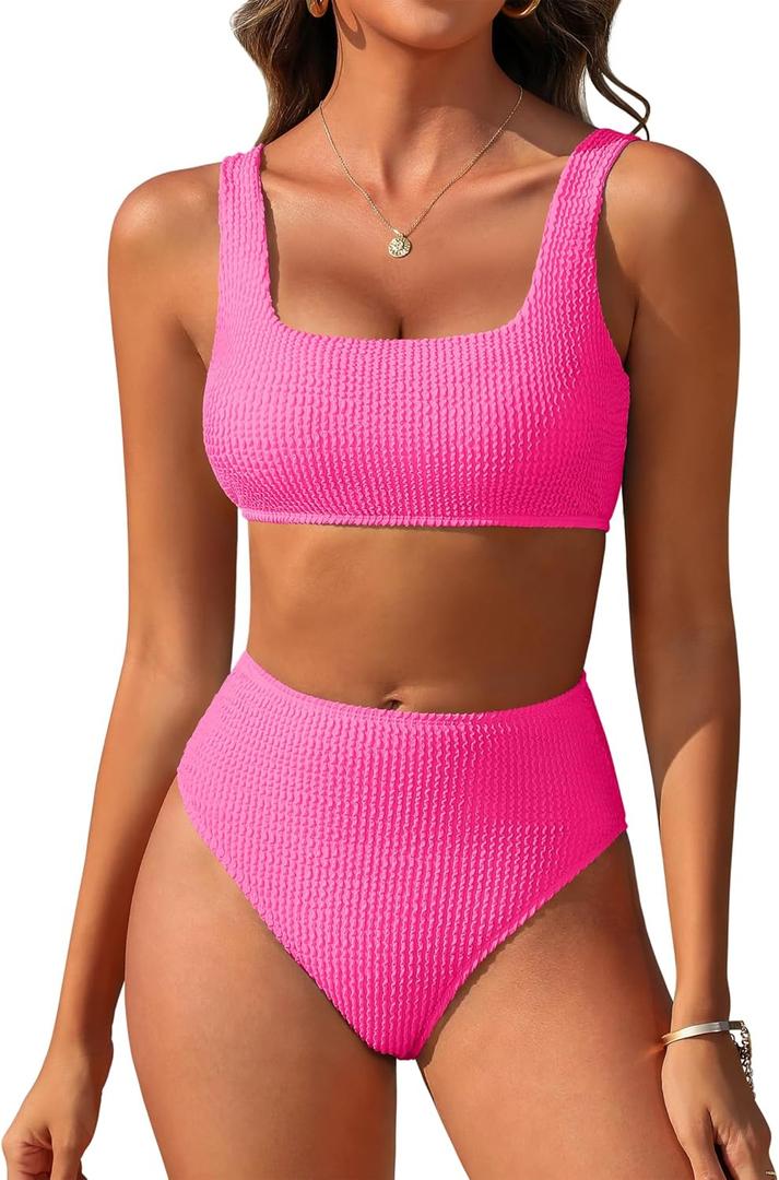 ANRABESS Women Swimsuits Two Piece Bikini Set High Waisted Ribbed Tummy Control Modest Bathing Suits 2025 Beach Swim Wear (X-Large, Hot Pink) ANRABESS Women Swimsuits Two Piece Bikini Set High Waisted Ribbed Tummy Control Modest Bathing Suits 2025 Beach Swim Wear (X-Large, Hot Pink)