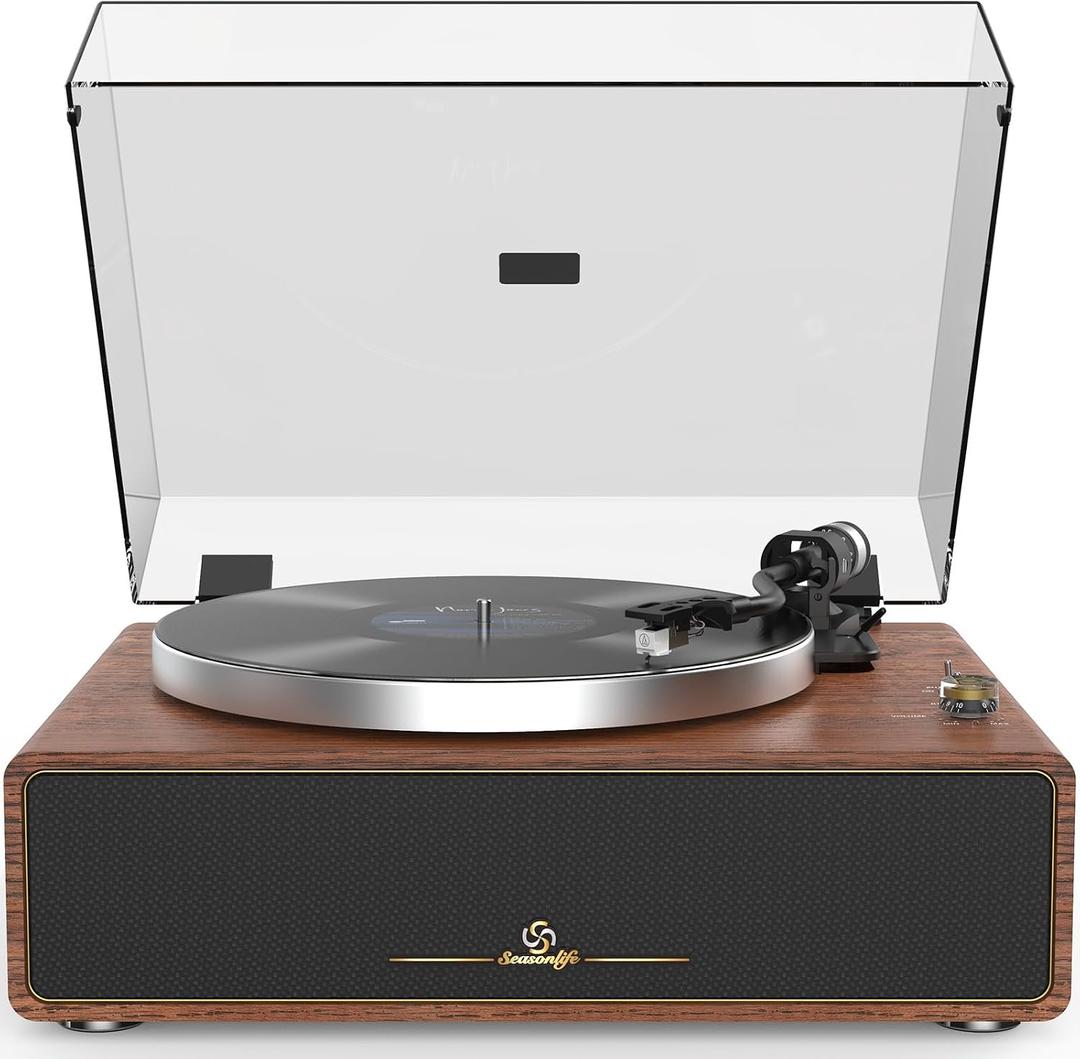Turntable Record Player with Built-in Speakers, Vinyl Record Player Support Bluetooth Playback Auto Stop 33&45 RPM Speed RCA Line Out AUX in All-in-one Belt-Drive Turntable for Vinyl Records (Plastic cover fractured)