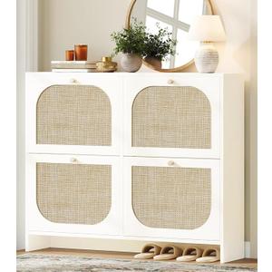 Nicetree Freestanding Ultra Slim Arched Rattan Accent Shoe Storage Cabinet for Entryway - 4 Flip Drawers & 3-Tier Adjustable Shelves, Farmhouse Modern Rustic Shoe Rack for Hallway Foyer,Cloud White, 9.5"D x 39.4"W x 35.5"H