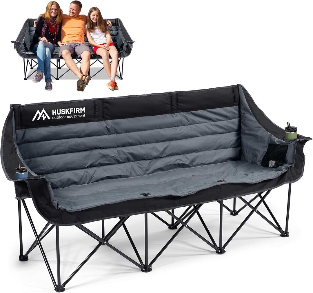 Huskfirm 3 Person Camping Chairs Folding Double Camping Chair Portable Oversized Loveseat Padded Camp Chair Heavy Duty Camping Couch for Adults Outdoor Lawn with Two Cup Holders and Carry Bag, 78 Inches X 18 Inches X 36.6 Inches