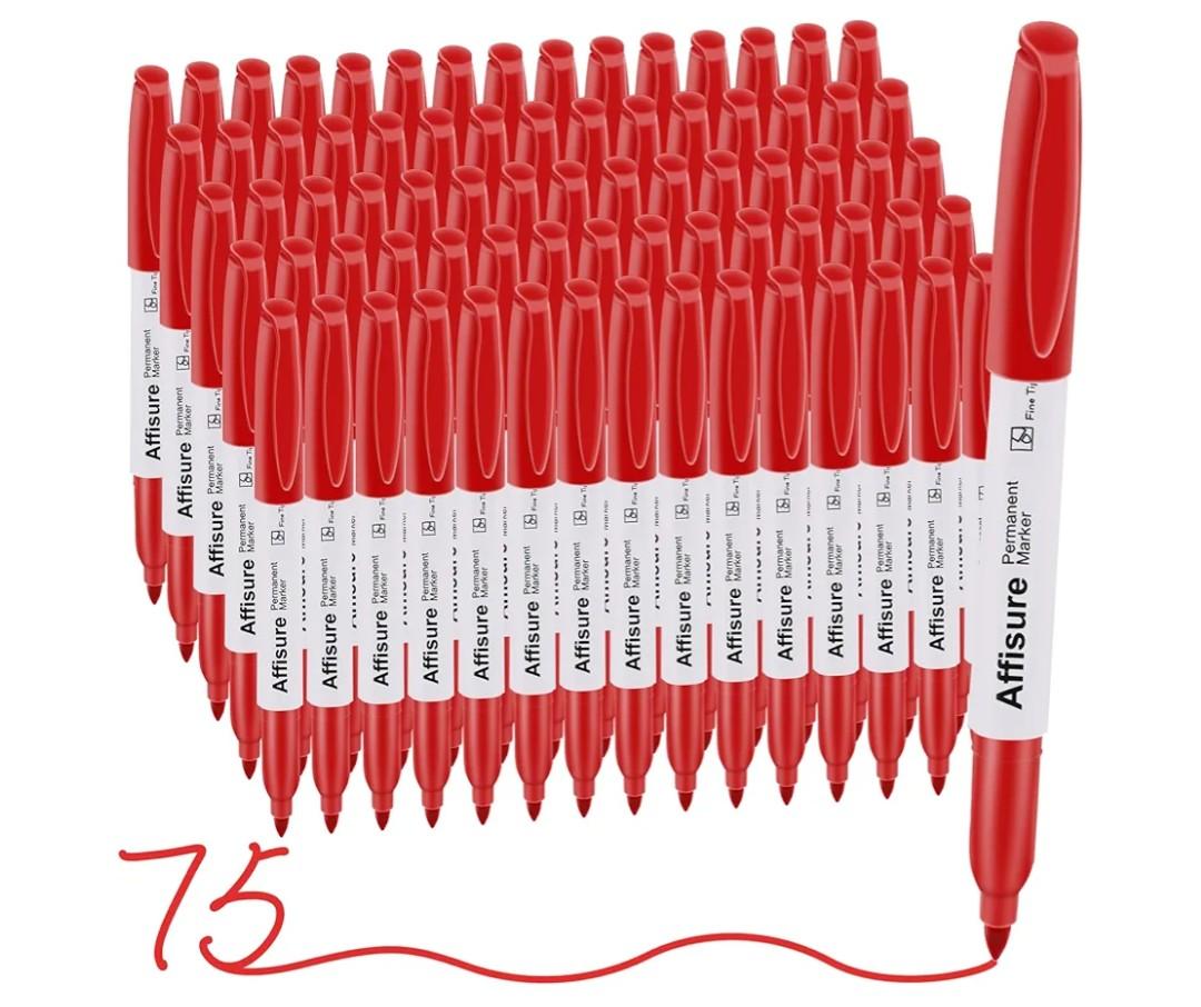 Red Permanent Markers Bulk, 75 Count, Quick Drying and Fade Resistant, Fine Point Marker works on Paper, Plastic, Metal, Wood, Perfect for Classroom, Home, Office