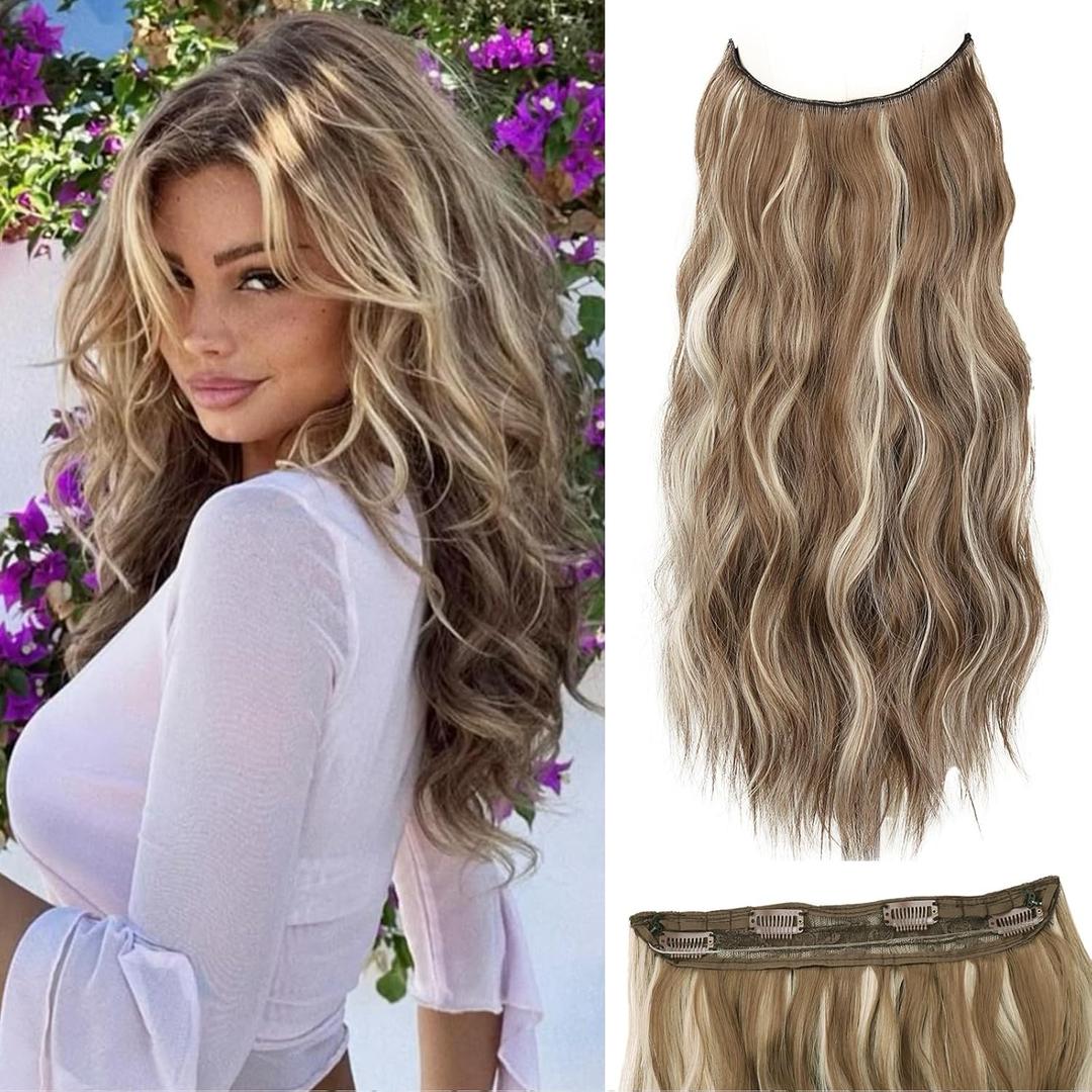 Brown Mixed Blonde Invisible Wire Hair Extensions Long Wavy Synthetic Hairpiece with 4 Secure Clips for Women 20 Inch Clip in Hair Extensions
