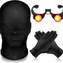 3 Pcs Halloween Glowing Grim Reaper Costume Accessories Set Black Full Face Mask Spandex Gloves with Glowing Eyes Glasses for Halloween Adult Masquerade Cosplay