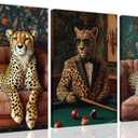 Cheetah Wall Art Set of 3Cool Animal Canvas Poster Prints with Stylish Leopard in Suit and Lounge DcorSafari Animal Artwork Painting for Living Room,Office,Game Room,Bar, Bachelor Pad,Framed16x24in
