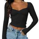 ForeFair Women's Sexy Long Sleeve Going Out Tops Pleated Bustier Shirt Cute Sweetheart Neck Y2K Cropped Top (Black-01,S)