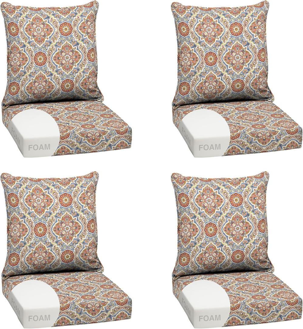 Arden Outdoor Foam Deep Seat Cushion Set (4-Pack), 24x24, Premium High-Density Foam, Never Flattens, Weather-Proof for Patio Chair Sofa Couch, Global Vintage Medallion