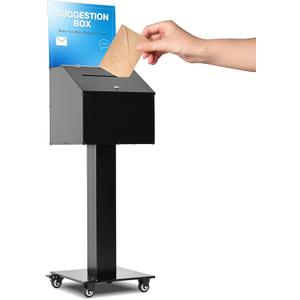 Lockable Iron Suggestion Box  Mobile ballot box with 4 Wheels and 2 Brake Wheels, Raffle Box with Sign Holder Display Stand