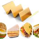 4 Pcs Gold Taco Holders Set with 1 Food Tong, Stainless Steel Taco Stand with Handles for Party, Holds Up to 3 Tacos Each, Dishwasher Oven safe