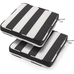 18x18x3 Inch Outdoor Square Corner Chair Cushions with Ties Set of 2, Water&Fade Resistant Thick Seat Cushion Pads for Garden Patio Dining Porch Furniture - Black Ivory Striped