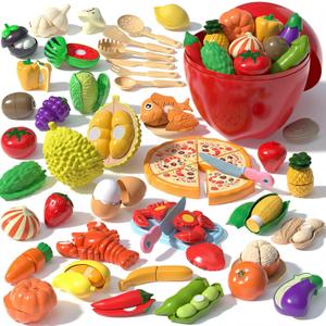 44 Items 85Pcs Play Food Sets for Kids Kitchen | Cutting Toy Food Set with Storage Basket | Fake Fruits,Vegetables & Pizza | Pretend Play Kitchen Accessories | Educational Learning Gift for Boys Girls