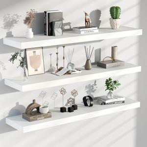 Floating Shelves for Wall, 48 Inch Extra Long White Wall Shelves, Set of 3, Hanging Invisible Brackets Floating Shelves for Living Room,Bedroom,and Kitchen, 3T48IN